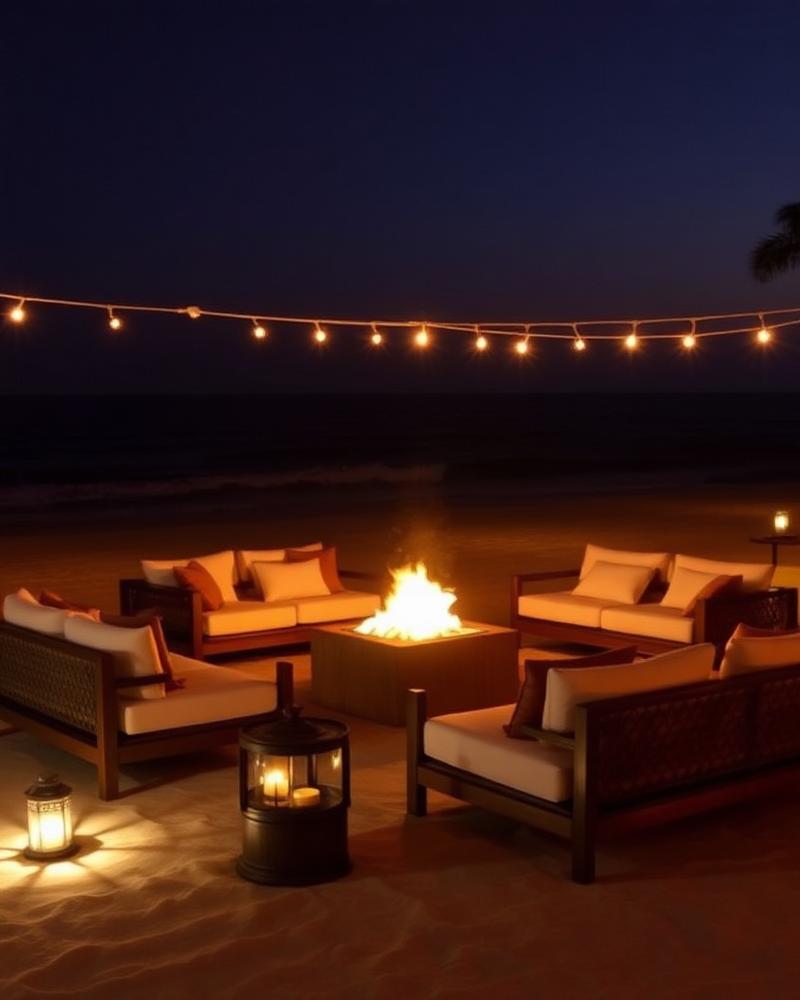 Beach club privado de noche con lounge y fuego