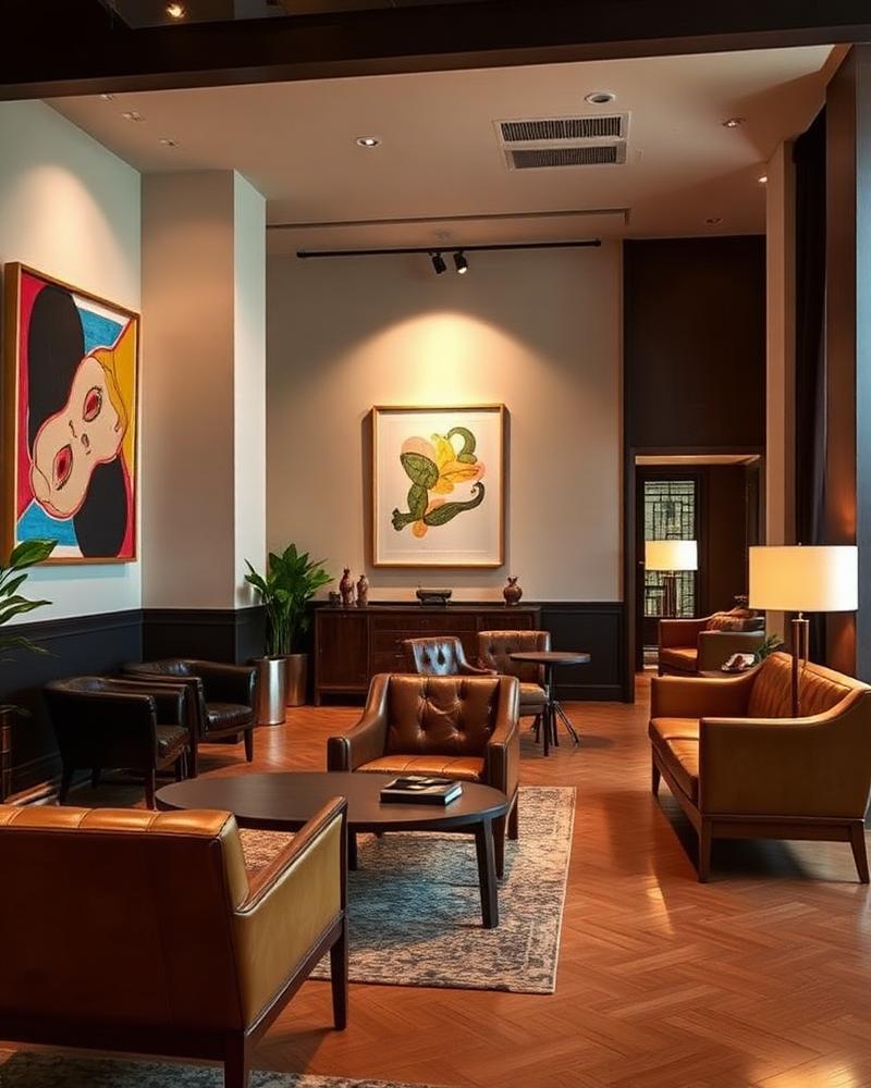 Lobby de hotel boutique con mobiliario de diseño